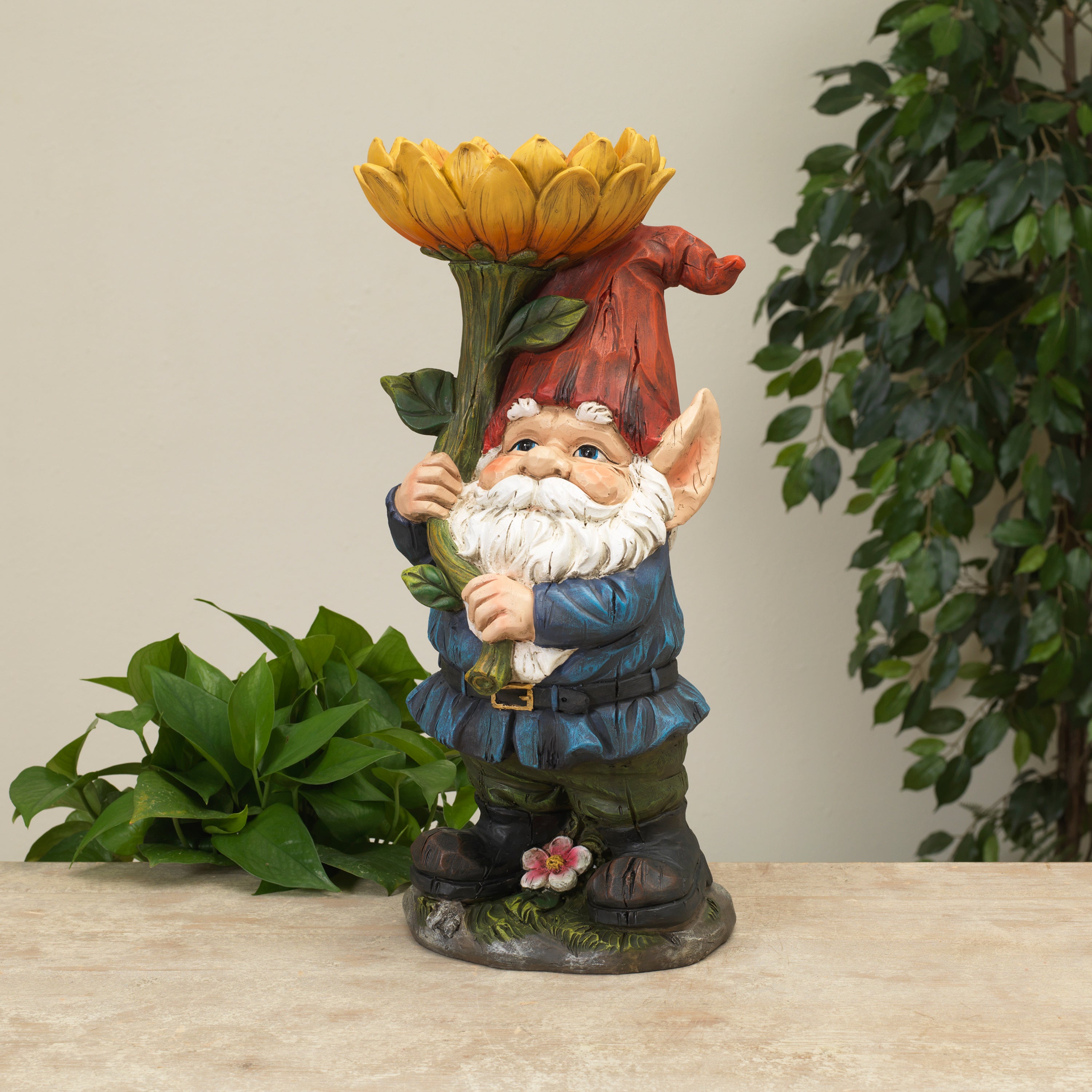 18.9 Inch Whimsical Resin Gnome with Sunflower Figurine